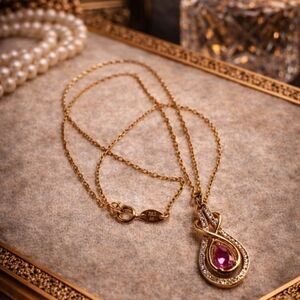 VINTAGE PAJ BB 1980s Gold Plated Pink Crystal Pendant Necklace Signed